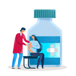 Cartoon of two women interacting right beside a huge vial backdrop