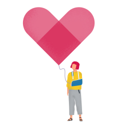 Lady in yellow with an arm sling holding a heart shaped balloon